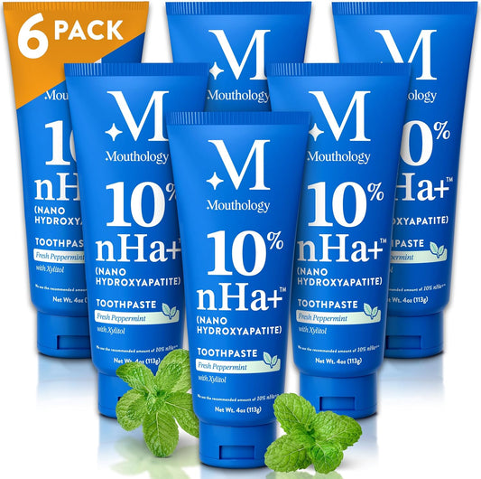 Mouthology 10% Nano Hydroxyapatite Toothpaste (6pk, Fluoride Free), Whitening*, Supports Enamel Care*, Appropriate for Sensitive Teeth*, SLS Free, Xylitol nHA Toothpaste Adults, Mint 4oz (USA Made)