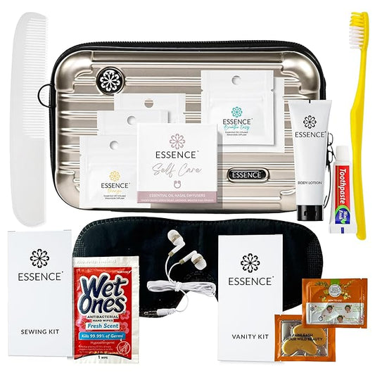 Essence Travel Amenity Kit - Compact Wellness Organizer with 5 Nasal Diffusers + 9 Traveler Comfort Essentials for Flights, Hotels & Adventures - Wearable Aromatherapy Self-Care On the Go