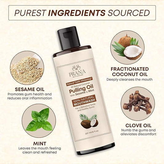 PRANA Coconut Pulling Oil Mouthwash with Tongue Scraper- Ayurvedic Oils for Clean Rinse with Coconut Oil & Clove & improving Teeth & Gum Health - Teeth Pulling Oil Keeps Your Mouth Refreshed- (4 Pack)