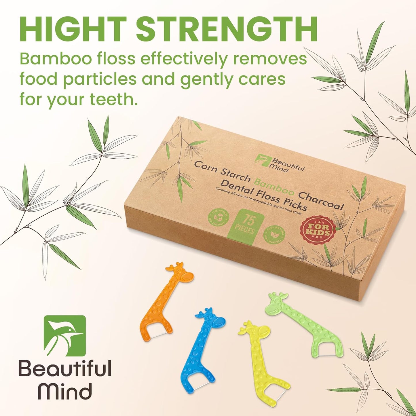 Dental Floss Picks for Kids 75 Pack – Unflavored, No Fluoride Oral Tooth Flossers – Biodegradable Flossing Sticks with Charcoal Infused Thread – Giraffe Toothpick for Toddler Teeth – Travel Case Size