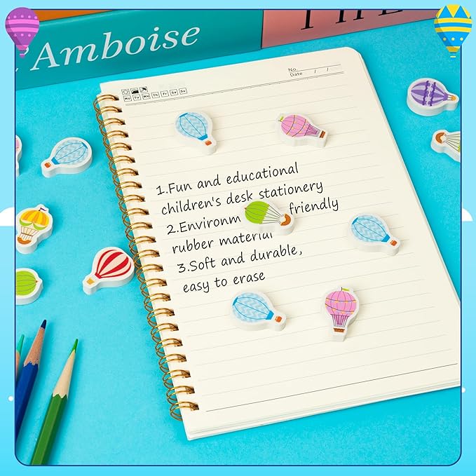 CJiangpo 60Pcs Hot Air Balloon Mini Erasers for Kids Bulk, Colorful Cartoon Cute Pencil Rubber Eraser Birthday Party Favors Fillers Kids Back to School Classroom Rewards Student Homework Prizes Gifts