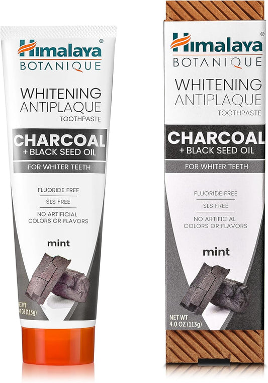Himalaya Botanique Whitening Antiplaque Toothpaste with Charcoal + Black Seed Oil, Fluoride Free, for Whiter Teeth, 4 oz, 4 Pack