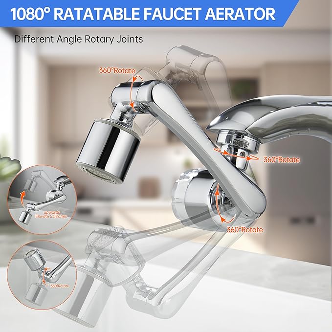 YYKBZ Water Filter For Sink Faucet Extender,1080° Swivel Aerator,2 Modes Spray Sink Water Filter,Brass Faucet Mount Purifier System For Kitchen/Bathroom/Toddlers,Multiple Adapters With 9pcs Filters