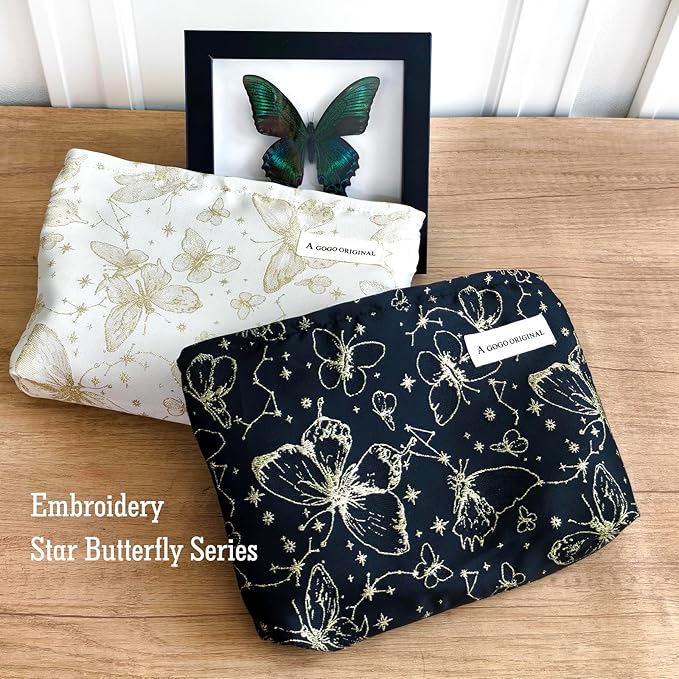 STARDW Aesthetic Floral Makeup Bag Cute Small Cosmetic Bags for Women Girls, Travel Toiletry Bag Large Capacity Zipper Makeup Pouch, Purse Organizer Pouches (Butterfly White)