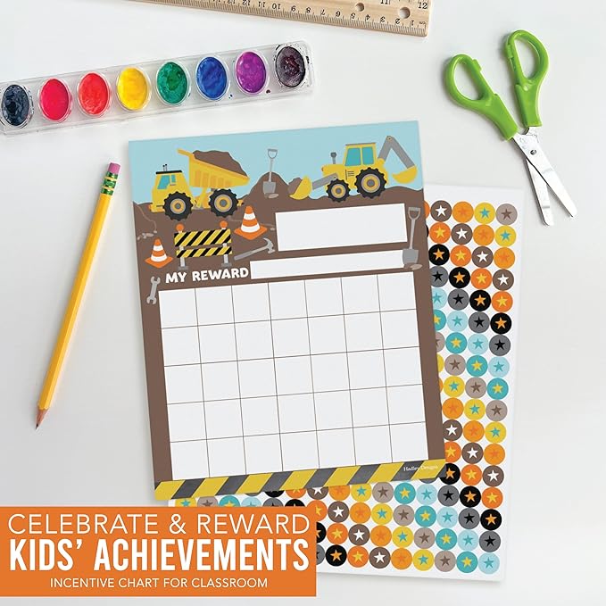 Sticker Chart for Kids Behavior at Home & Classroom - 25 Reward Chart for Kids Incentives, Gold Star Sticker Sheets, Construction Incentive Charts for Classroom Must Haves