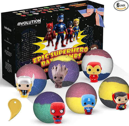 EvolutionUSA Black Epic Superhero Bath Bombs for Kids, 6 Super Hero Bath Bombs with Toy Inside, Lush Childrens Bathbombs, Organic Bathbomb with Surprise Inside, Fizzy Fun Superhero Bath Balls