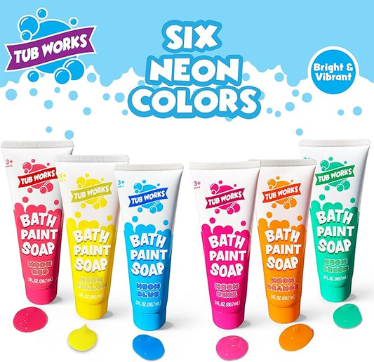 Tub Works® Bath Paint Soap Bath Toy, Neon 6 Pack | Non-Toxic | Washable Bathtub Paint for Finger Painting on Tub Walls | Ideal Toddler Bath Toys for Creative Play | Easy to Clean, Fun Paint Soap