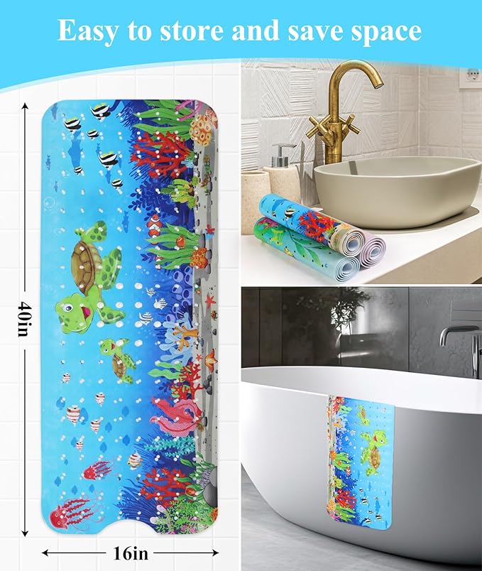 Bath Mat for Tub Non Slip, Machine Washable Anti-Slip Cartoon Baby Bathtub Shower Mat with Drain Holes and Suction Cups for Toddler & Kids (40 Inch x 16 Inch-Rectangular, Turtles)