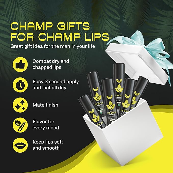 Lip Balm for Men - USDA Organic Certified Chapstick for Men - All Natural Ingredients - Contains Vitamin E and Beeswax - Peppermint, Coconut & Vanilla - MADE IN THE USA (6 pack)
