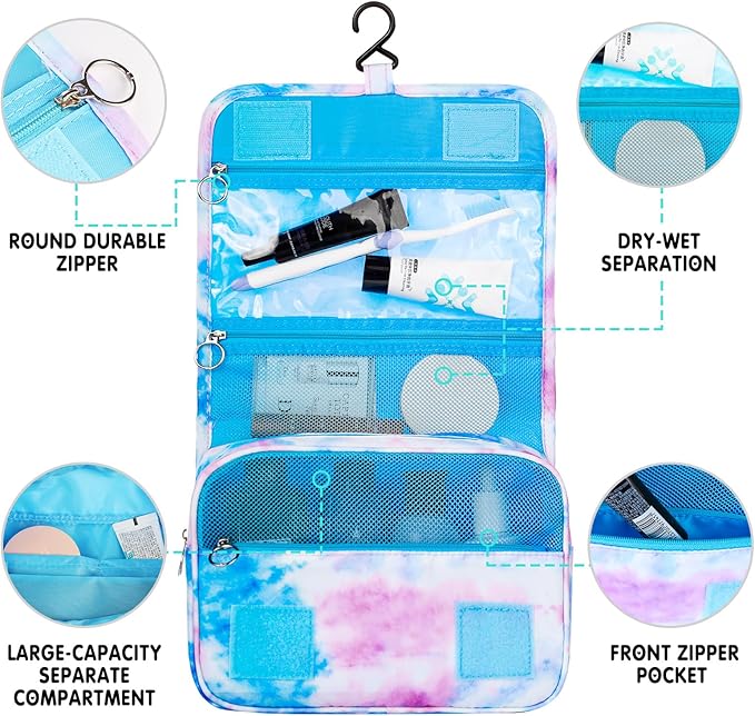 Kids Hanging Toiletry Bag for Girls, Travel Toiletry Bag for Little Young Girls Cosmetic Makeup Waterproof Wash Bag Toddler Traveling Toiletries, Tie Dye Blue