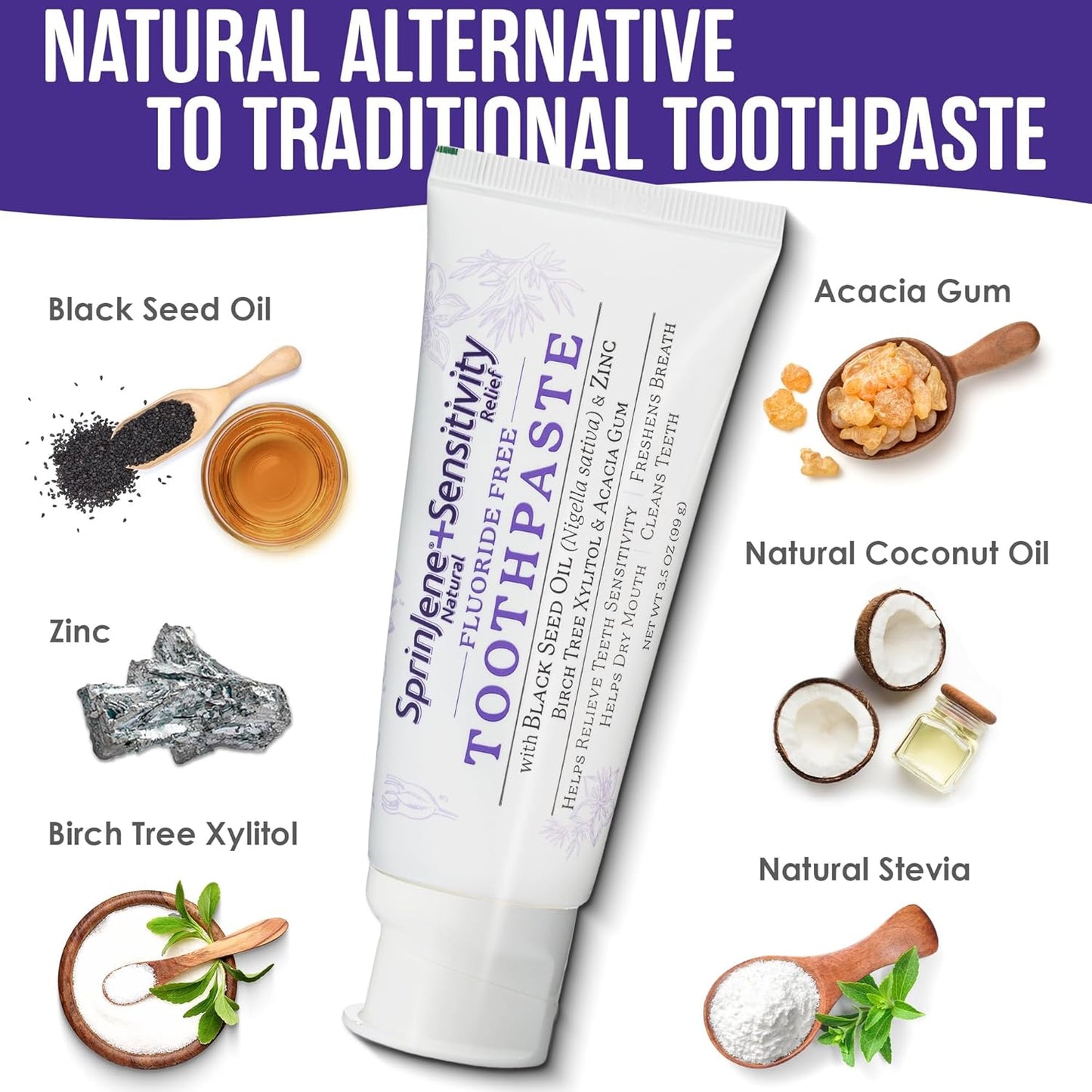 SprinJene Fluoride Free Toothpaste - Patented Natural Toothpaste with Black Seed Oil & Zinc - Made in The USA - Vegan Non Fluoride for Fresh Breath Preservative Free (1 Pack)