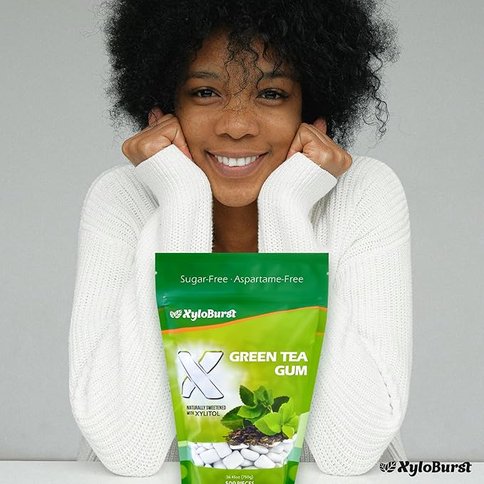 XyloBurst Gum | Xylitol Chewing Gum | Sugar Free, Gluten Free, Keto Friendly | Aspartame Free Gum For Oral Health | Green Tea | 500-Count Bag