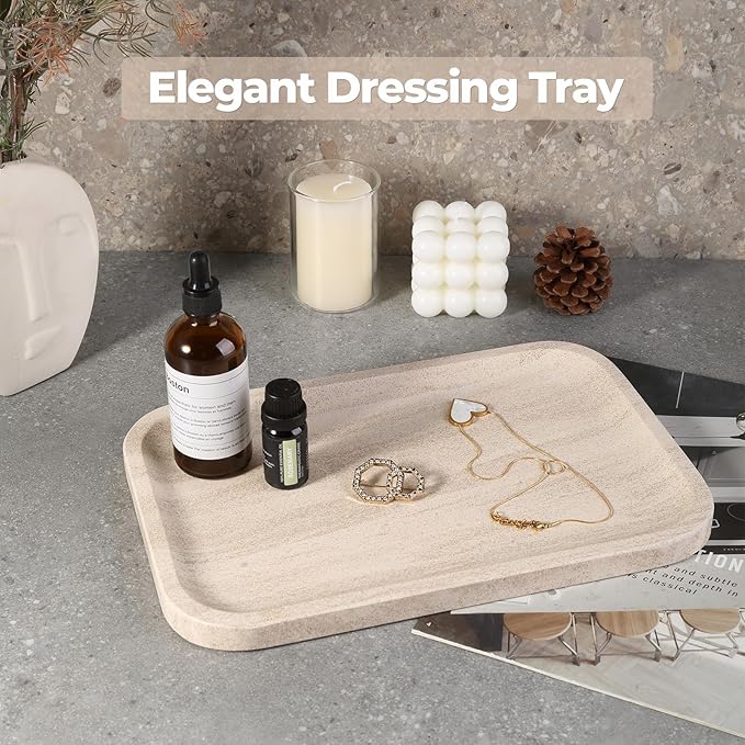 Marble Vanity Tray, Bathroom Tray Countertop, Decorative Dresser Organizer, Perfume, Jewelry Holder, Beige Stone Serving for Kitchen Sink Storage(MOCA Cream)