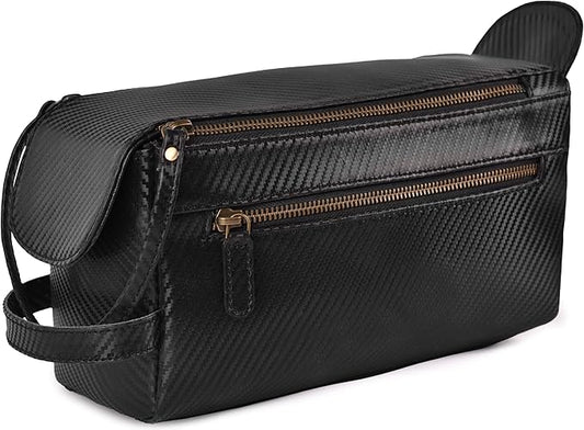 LEATHER VILLAGE Premium Carbon Fiber Genuine Leather Travel Toiletry Bag - Large Compact Dopp Kit, Water-Resistance Shaving & Cosmetic Organizer for Men & Women - Black