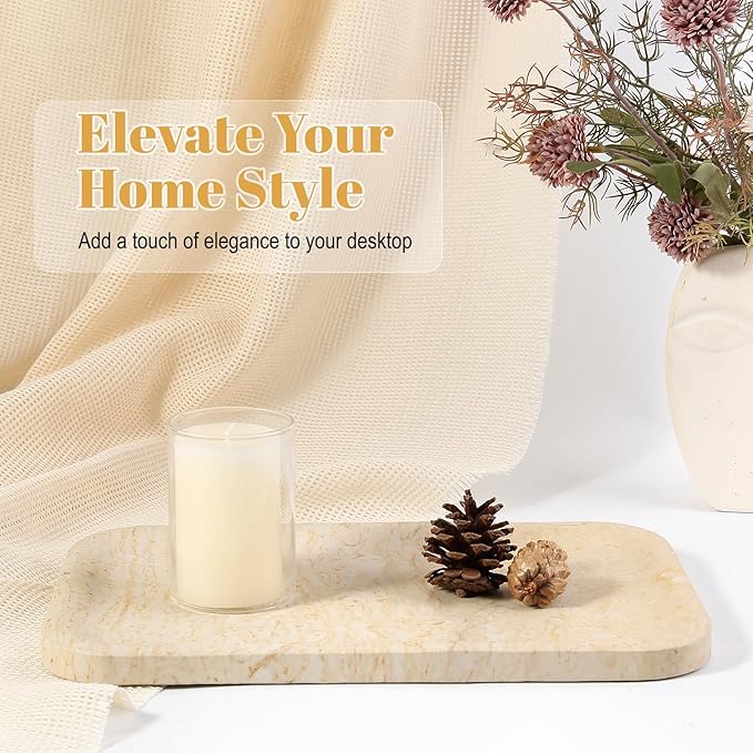 Koville Marble Tray, 12"x8" Marble Vanity Tray for Bathroom Kitchen Countertop, Rectangular Stone Tray for Cosmetics Perfume Trinket, Decorative Catchall Trays (Beige)