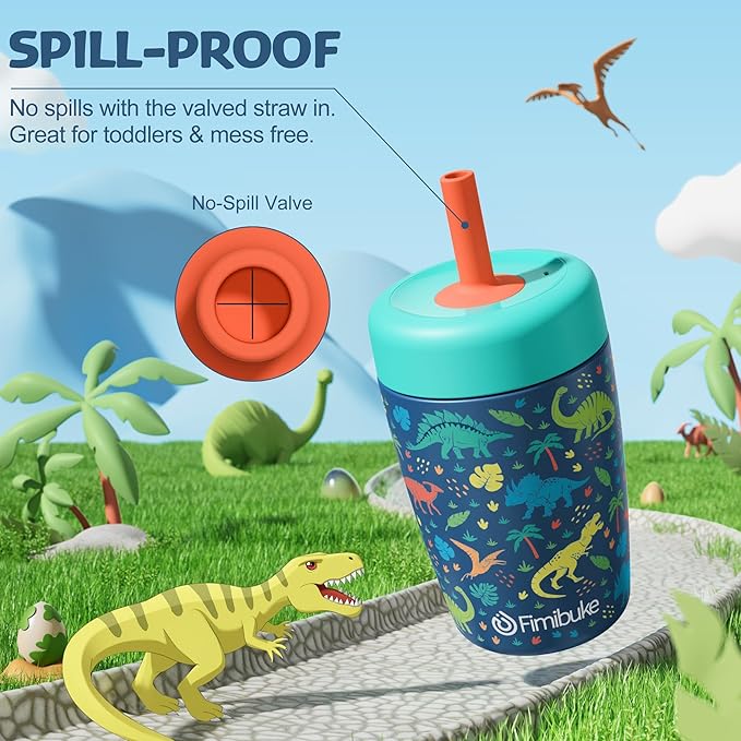 Fimibuke Kids & Toddler Cups Spill Proof, 12 OZ Insulated Sippy Cups for Toddlers Boys Girls, BPA-Free Toddler Straw Tumbler, Stainless Steel Kids Water Bottle with Twist Lids & Silicone Straw, 1 Pack