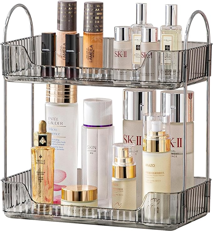 2 Tier Bathroom Organizer Countertop Makeup Perfume Tray Skincare Organizer for Bathroom Dresser Vanity (Grey)
