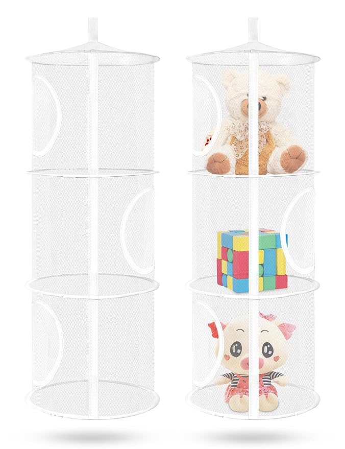 Libeder Mesh Hanging Storage Space Saver Bags Organizer,Foldable Storage Organizer 3 Compartments Toy Storage Basket for Kids Room Bathroom 2 Sets, White
