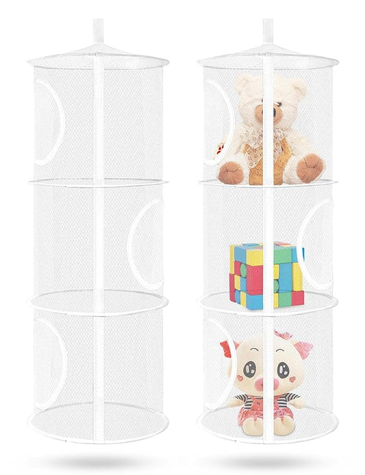Libeder Mesh Hanging Storage Space Saver Bags Organizer,Foldable Storage Organizer 3 Compartments Toy Storage Basket for Kids Room Bathroom 2 Sets, White