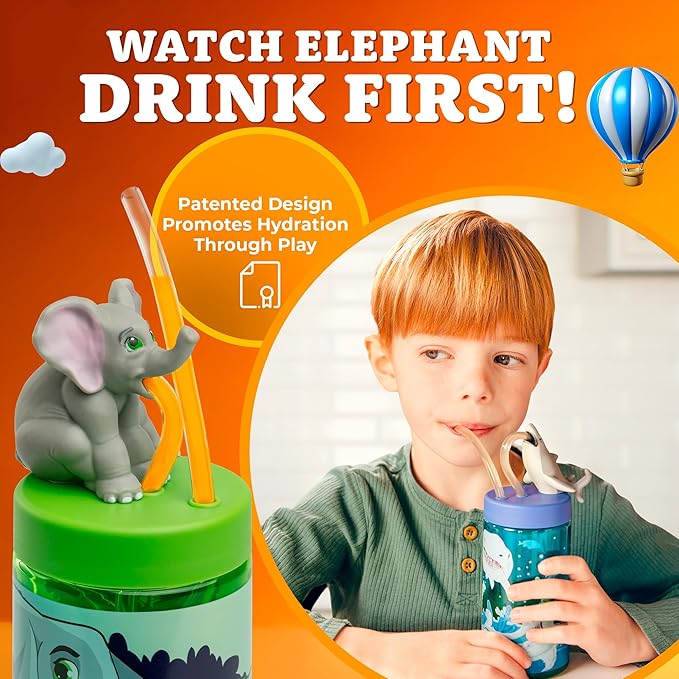 Kids Water Bottle, Toddler Cups, Tumbler with Lid and Straw, Travel Sippy Cup for Water or Milk, Kids Cups with Lids for Toddlers 3 and Up, BPA Free Plastic, 12 oz (Trend Zoo Elephant)