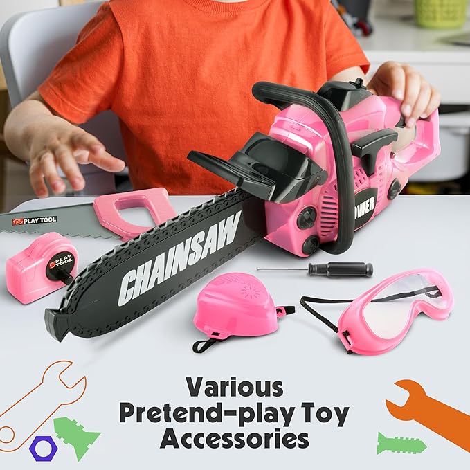 Toy Choi's Kids Toy Chainsaw - Pretend Play Construction Tool Electric Chainsaw Toy for Kids , Toy Tool Set Outdoor Gardening Play, Pink Toys for Girls 3-5 +