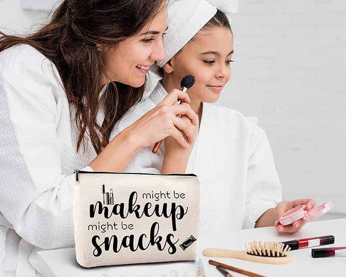 kdqua Novelty Cute Makeup Bag, Funny Quotes Might Be Makeup Might Be Snacks Linen Cosmetic Bag Zipper Pouch Travel Organizer Toiletry Bag, Humor Gift for Woman, Female Friend Birthday Gift Ideas