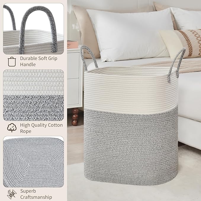 Laundry Basket with Handles - Blanket Basket & Hampers for Bedroom Aesthetic, Laundry Hamper & Blanket Storage for Living Room, Clothes Hamper, Tall, Large 17" x 14" x 24”, White & Grey