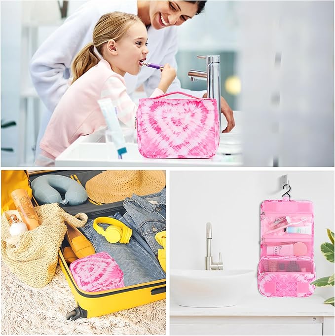 Kids Hanging Toiletry Bag for Girls, Travel Toiletry Bag for Teen Girls Cosmetic Makeup Waterproof Wash Bag Traveling Toiletries, Tie Dye Pink Heart