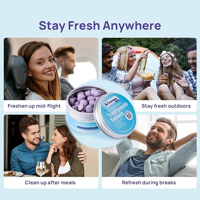 Whitebite Pro Color Correcting Toothpaste Tablets – Natural Whitening & Fresh Breath with Nano Hydroxyapatite | Fluoride-Free, Plastic-Free, Travel-Friendly Toothpaste & Mouthwash (60 Tabs)