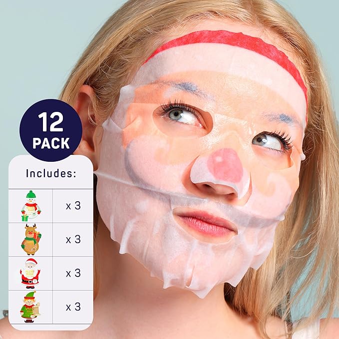 SpaLife Beauty Santa’s Workshop Christmas Face Mask Bundle | Korean Facial Masks | Hydrating, Soothing and Firming Sheet Mask Set | Christmas Face Masks for Women | Spa Party Favors | 12 Pack