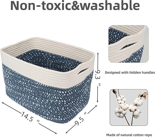 White and Blue Cotton Rope storage Basket Bins Woven Basket for Organizing Shelves 14.5X9.5X9.3“ Rectangle Decorative Baskets For storage Books Towels Wicker Nursery basket organizer Set of 3