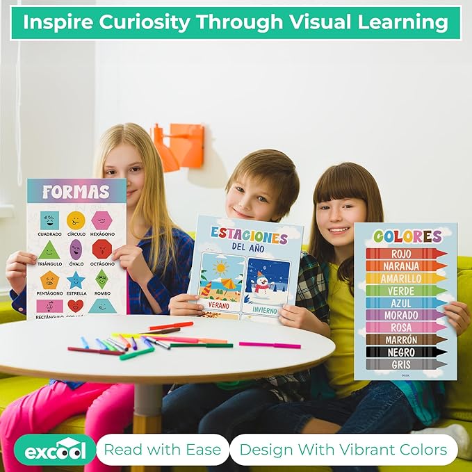 EXCOOL CLUB 16 Spanish Classroom Posters For Elementary - Colorful Bilingual Educational Posters For Toddlers 1-3, Laminated Learning Poster Preschool Must Haves, Abecedario Para Niños En Español