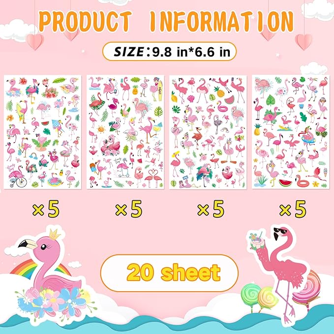 Flamingo Tropical Bird Stickers 840 Count Tropical Pink Bird Animal Stickers for Jungle Safari Animal Birthday Invitations Envelopes Summer Party Goodie Gifts Bags Decor Class Rewards