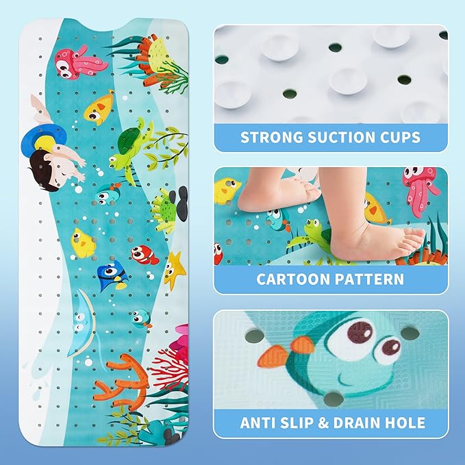 Baby Bath Mat for Tub Kids Non Slip Bathtub Mat Extra Long 40X16 Inch Shower Mat Toddler Anti Slip Bathroom Tub Mat with Suction Cups & Drain Holes (Sea World)