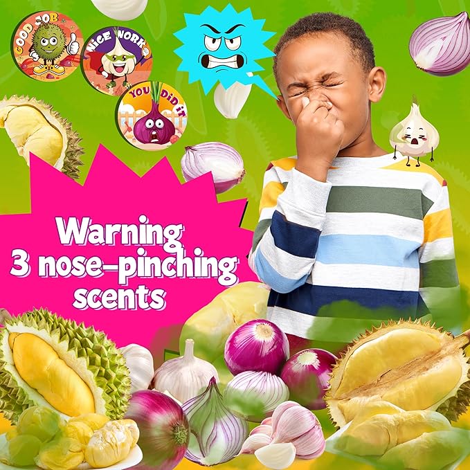 3 Rolls Smelly Stickers for Kids 600 PCS, 24 Designs Onion/Durian/Garlic with Funny Scents, Scratch and Sniff Prank Toys Increase Interaction with Friends, Interesting Reward Stickers for Classroom