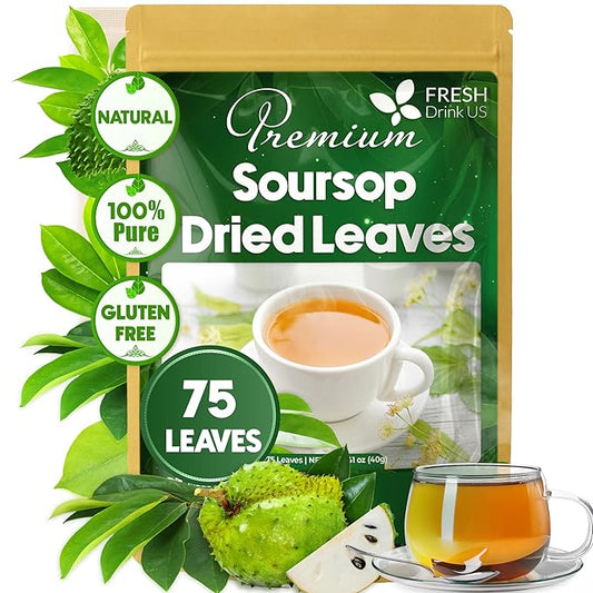 FreshDrinkUS, 75+ Premium Soursop Graviola Dried Leaves Tea, Natural Whole Leaves, Wildcrafted, Hoja De Guanabana, Soursop/Guanabana/Graviola Tea, No Sugar/Gluten/Caffeine/Non GMO, Vegan