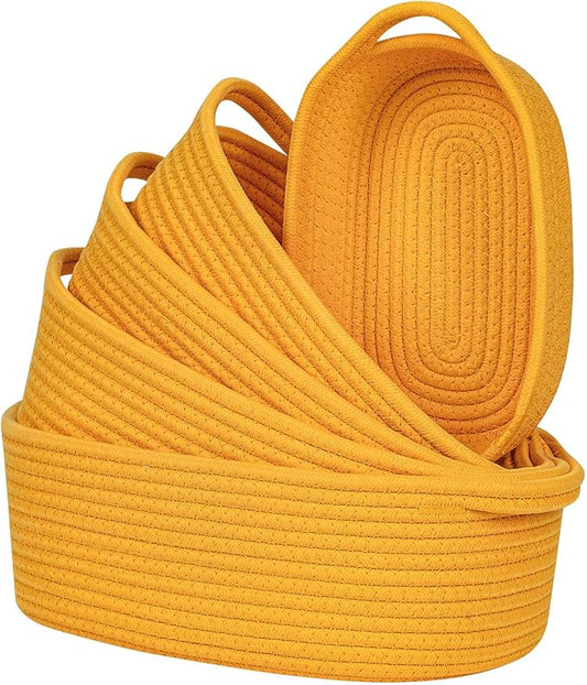 CubesLand Small Cotton Rope Storage Basket Set 5, Shelves Baskets for Organizing with Handle, Decorative Closet Storage Bins for Countertop Toilet Paper Basket for Toilet Tank Top,Yellow Basket