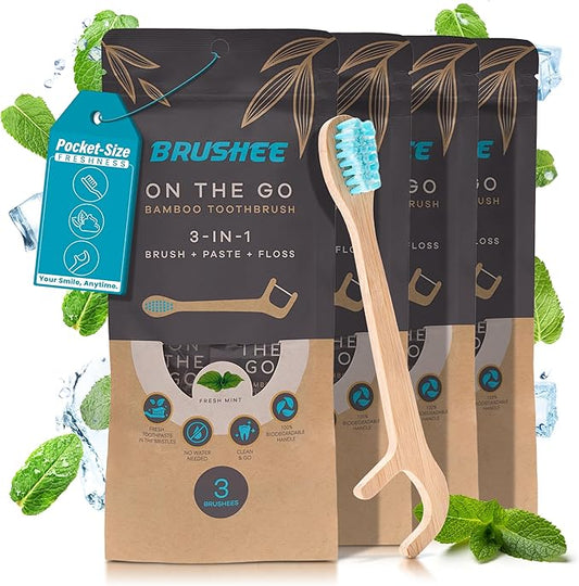 Brushee - 12 Pack Bamboo Toothbrushes Kit - 3-in-1 Travel Toothbrush with Flosser - Soft Eco-Friendly Disposable Toothbrushes with Toothpaste Fresh Mint Flavored - Individually Wrapped for Travel