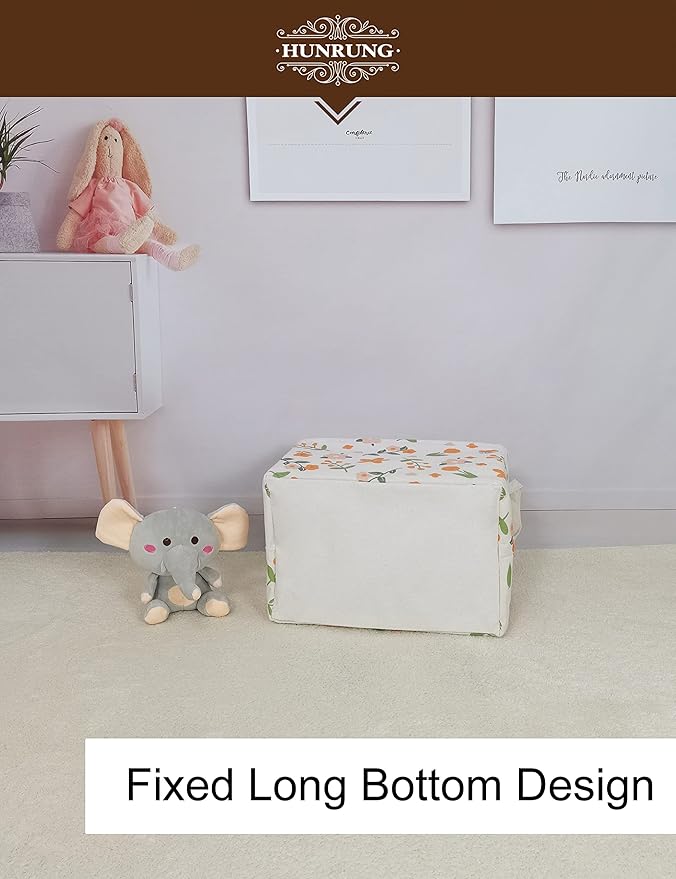 HUNRUNG Rectangle Storage Basket Cute Canvas Organizer Bin for Pet/Children Toys, Books, Clothes Perfect for Rooms/Playroom(Rec-Orange Flower)