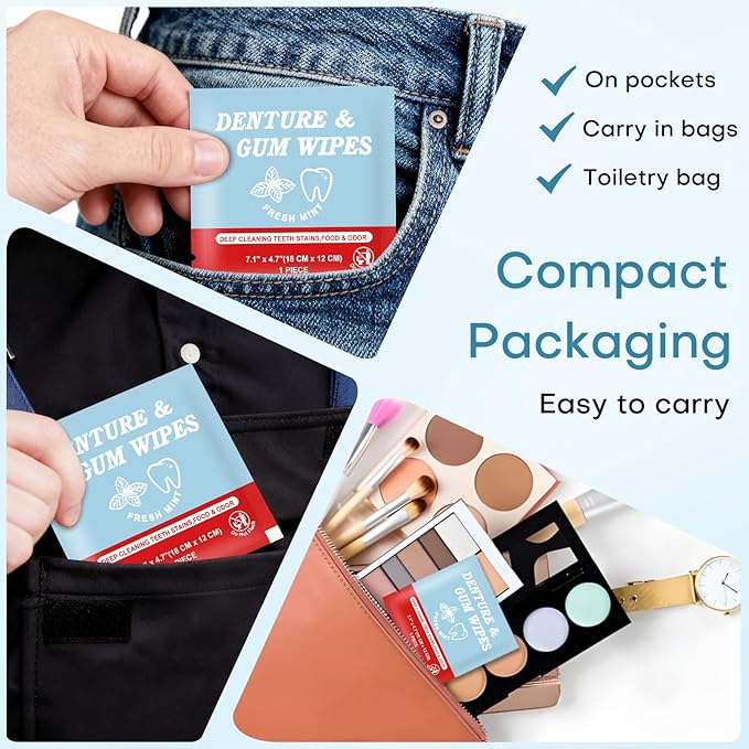 Denture Cleaner Wipes Disposable Teeth Gum Retainer Wipe Oral Care, Tooth Gums Cleaning Dental Dentures Tablets, Denture Adhesive Food Debris Braces Stain Odor Remover for Adults Elderly Mint 200 Pcs