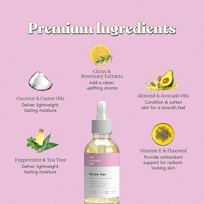 Her Fantasy Box Renew Her | Natural Rejuvenating Yoni Oil for Dark Spots, Ingrown Hair, and Skin Brightening - Nourishing, Moisturizing Formula for All Skin Types