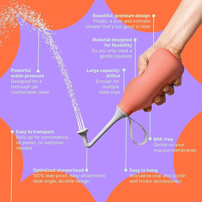 Butt & Intimate Shower 3.0 Mobile Travel Bidet & Sustainable Intimate Shower, Replaces Wet Wipes, Saves Toilet Paper, Portable Handheld Bidet, Travel Bag Included, BPA-Free - Precious Peach