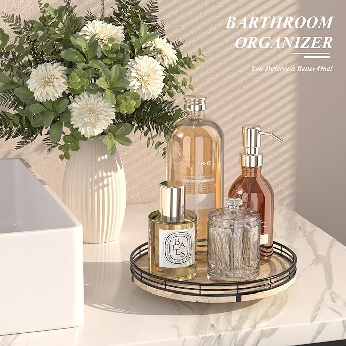 Italian Natural Travertine Lazy Susan Turntable for Table Top – 10” Round Marble Tray Organizer for Bathroom, Vanity, Dining Table, Kitchen Countertop & Bar, Luxury Stone Serving Tray with Black Frame