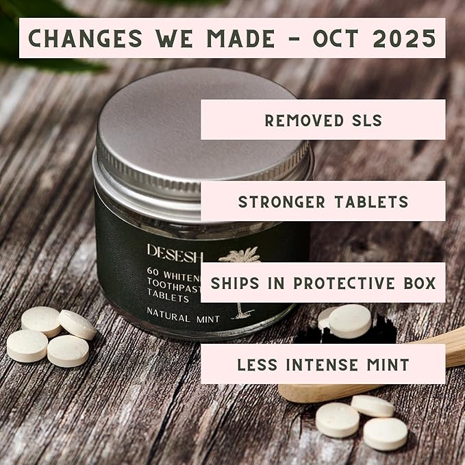 US-Made Toothpaste Tablets, New Improved SLS-Free Formula, 60 Count, Glass Jar, Natural Mint Flavor, Fluoride Free with Hydroxyapatite, Whitening