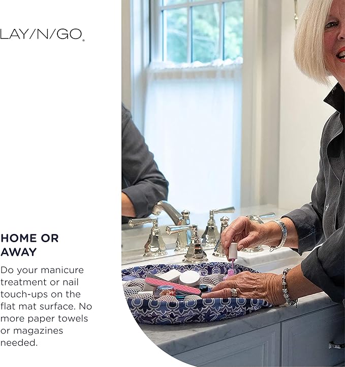 Lay-n-Go NailSpa Drawstring Cosmetic Bag - Portable Nail Supplies Organizer Bag w/ 8 Elastic Mesh Pockets & Circular Center - Durable, Machine Washable Nail Kit Organizer (18", Blue Polka Dot)