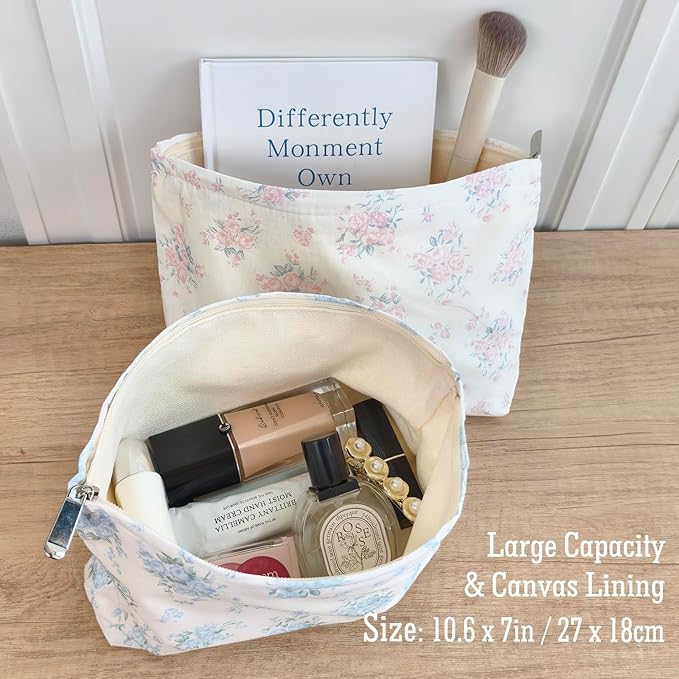 STARDW Aesthetic Floral Makeup Bag Cute Small Cosmetic Bags for Women Girls, Travel Toiletry Bag Large Capacity Zipper Makeup Pouch, Purse Organizer Pouches (Flowers Blue)