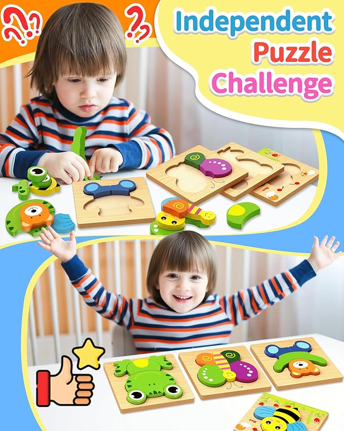 Bekayshad Wooden Puzzles Toddler Toys Gifts for 1 2 3 Year Old Girls Boys, 12 Pack Animal Jigsaw Puzzles Montessori Toys, Learning Educational Birthday Gifts for Girls Boys Ages 1-3