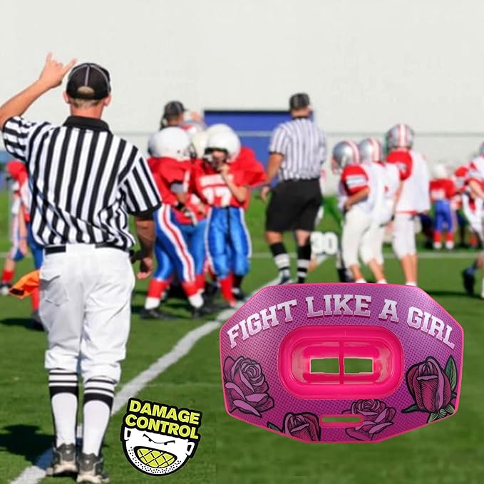 DAMAGE CONTROL Youth Football Mouth Guard – Breathable No Boil Mouthpiece, Protects Lips & Teeth, Works with Braces, Includes Helmet Strap – Sports Gear & Accessories (Fight Like Girl)