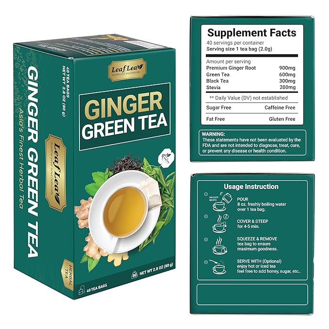 LeafLea Green Tea with Ginger, 80 Tea Bags (2 Packs), Natural Green Tea with Ginger Root, Lightly Sweetened with Stevia, Supports Digestion and Immunity, Low Caffeine, Non-GMO, Gluten-Free