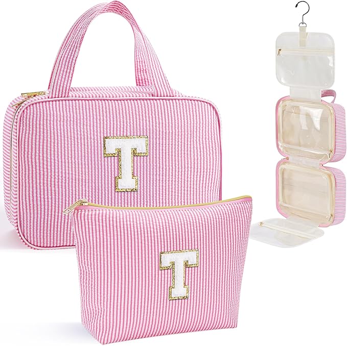 YOOLIFE Hanging Toiletry Bag for Women - Travel Toiletry Bag Makeup Bag, Portable Toiletries Cosmetic Bag, Airplane Travel Essentials - Letter T, Pink